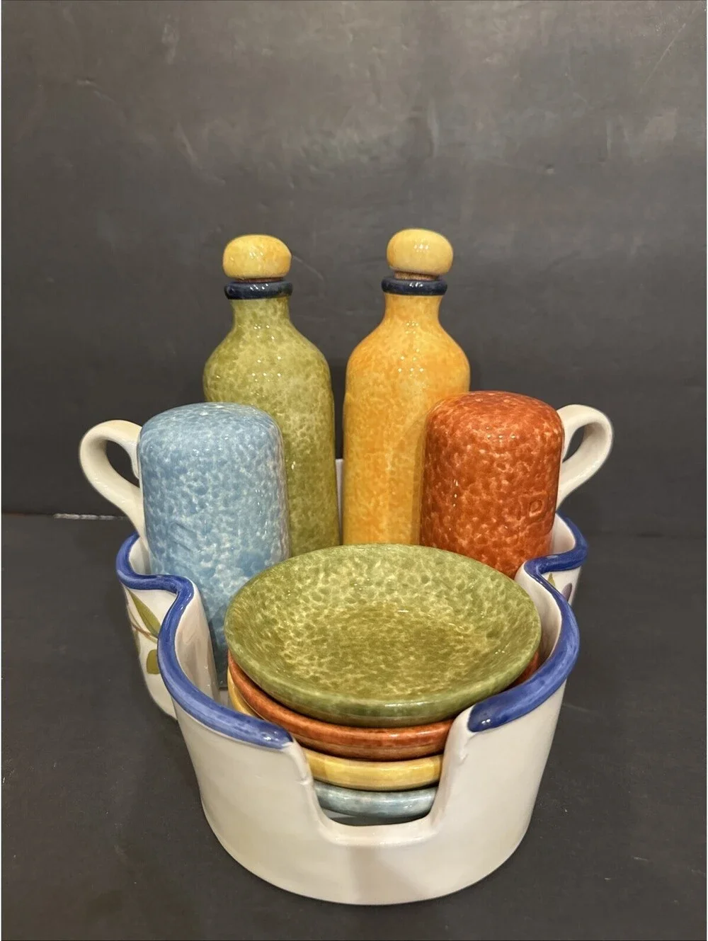 Casa Elite Provincial Olives Cruet Set Salt Pepper Oil Vinegar W Dipping Dishes